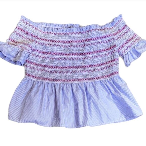 Style Envy Smocked Off Shoulder Ruffle Peplum Babydoll Top M Blue Pinstripe 10G - Picture 2 of 8